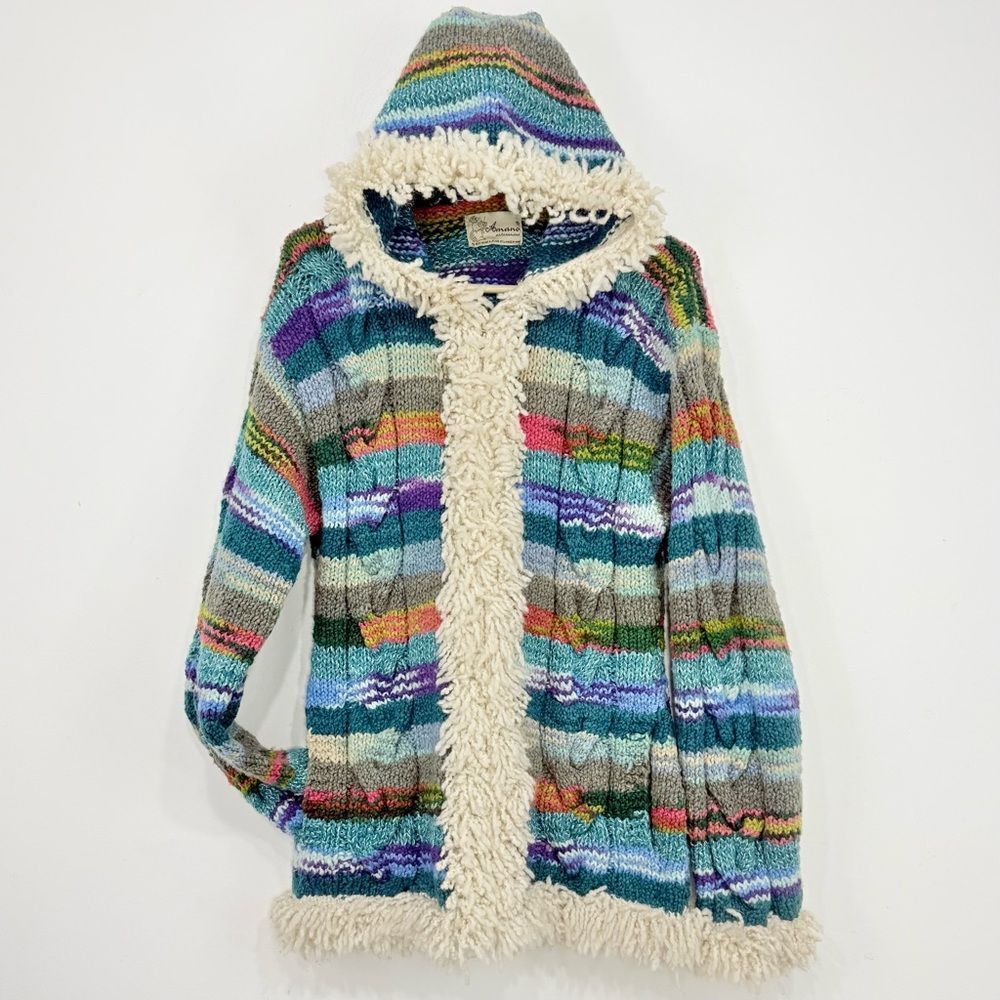 Amano Artisan Handmade Colorful Stripe Hooded Boho Fringe Retro Cardigan Sweater - Picture 4 of 12